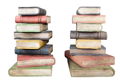 Pair of French polychrome carved wood faux book side tables. Pair of French polychrome carved 