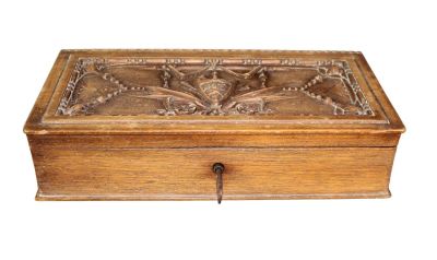 French carved walnut book form dresser box with mirror inside. Top carved with shield. Early 