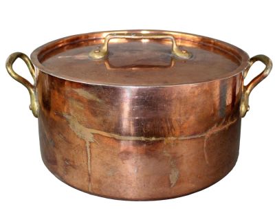Van Neuss and H Pommier 40cm copper pot with lid. Large 40cm copper pot with handles and lid 