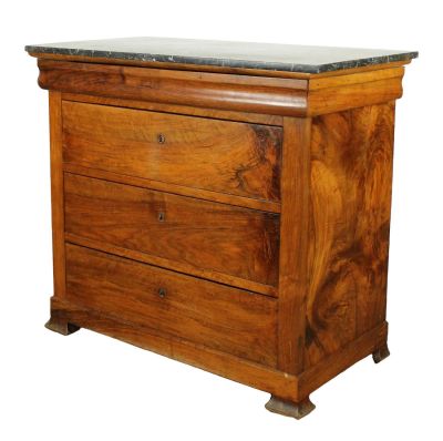 French Louis Philippe marble top commode in burl walnut. 19th century. 37 3/4"h x 42 1/4"w x 22 