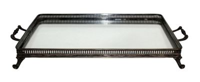 French silverplate galleried tray with mirrored plateau. With handles and on paw feet. Early 