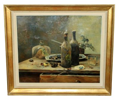French oil on canvas painting still life with bottles. Signed CF d'apres (after) Chretien dated 