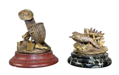 Lot of 2 French miniature bronze matchstick holders on marble plinths. Early 20th century. 5" h 