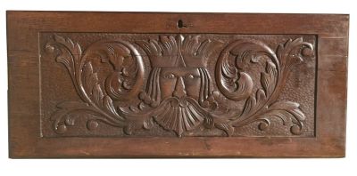 French walnut panel carved with King and acanthus scrolls. Early 20th century. 13 1/2"h x 31 3/8"w