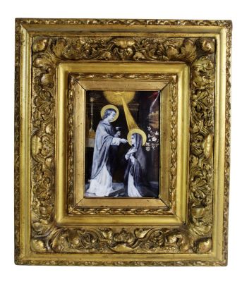 French Limoges "La Communion de la Vierge" enamel on copper painting. In ornate giltwood and 