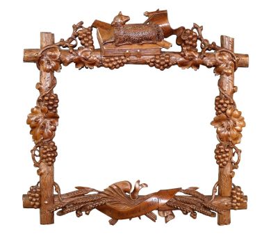 French relief carved frame with Latin scroll, grapevines and Lamb of God. French relief carved 