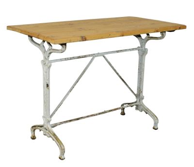 French cast iron base bistro table with pine top. Early 20th century. 29"h x 39 1/4"w x 21 1/2"d