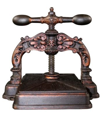 French cast iron desk top book press. Ornate scrollwork and acanthus detail. Late 19th century. 