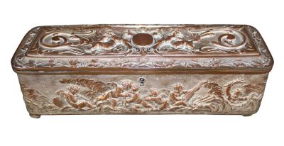 French repousse silver over copper dresser box with cherubs. Early 20th century. 3 1/4" h x 10" 