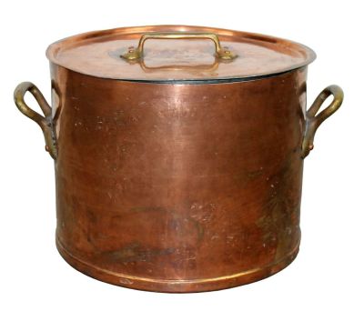 Antique French 45cm copper stock pot. Marked on the lid "Audronner Bruxelles 45." Early 20th 