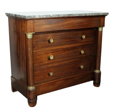 French Empire style 4 drawer petite commode with marble top. Early 20th century. 34 3/4"h x 39 