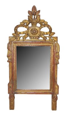 French Louis XVI style wood mirror with ribbon &amp; bow crest. Late 19th century. 22 1/2" h x 