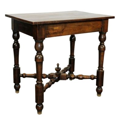 French side table on turned legs with cross stretcher. In walnut. Late 19th century. 30 1/2"h x 