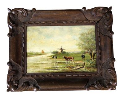 French oil on board painting pastoral landscape with cows. Signed l/r. Early 20th century. 