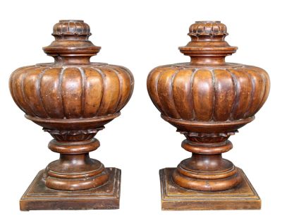 Pair of French turned walnut finials. Would make great lamp bases. 11 1/2" h x 7 3/4" diam. 