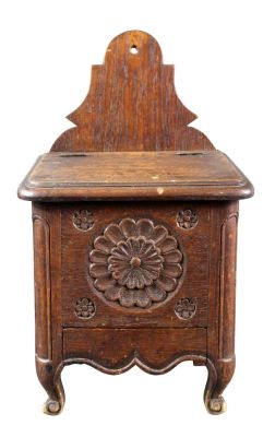 French Provincial carved oak salt box. French Provincial salt box in oak with carved flowers and 