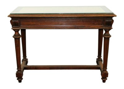 French console table or desk in walnut with grass cloth top under glass. On fluted column legs. 