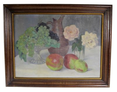 French oil on canvas painting still life of fruit, pitcher, and roses. Early 20th century. 