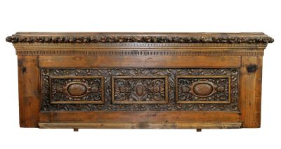 French relief carved walnut panel with crests and garland border. 19th century. 28"h x 72"l x 4"d