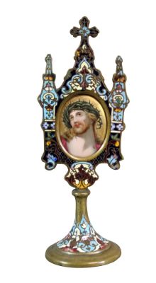 French cloisonne cross with portrait plaque of Jesus. French cloisonne cross with portrait of 