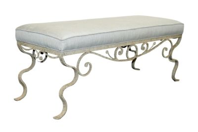 Scrolled iron bench with linen upholstered seat. 18 1/2"h x 48 1/2"w x 17 1/2"d