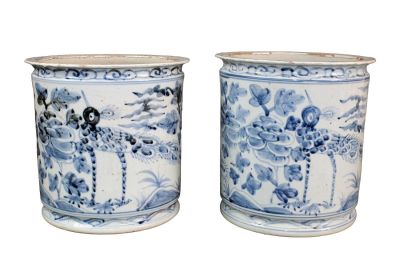 Pair of Chinese blue & white porcelain cachepots with peacock. Pair of Chinese blue &amp; white 