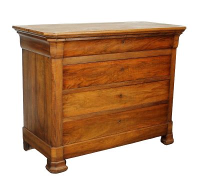 French Louis Philippe commode in walnut with wood top. 19th century. 38 1/2"h x 49 14"w x 22 1/2"d