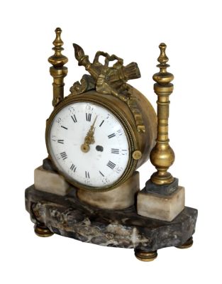 Diminutive French Louis XVI desk clock in bronze on marble base. Diminutive French Louis XVI 