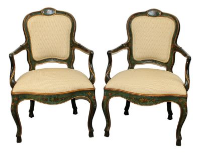 Pair of Antique Venetian floral painted armchairs. Early 20th century. 37 1/2"h x 25 1/2"w x 