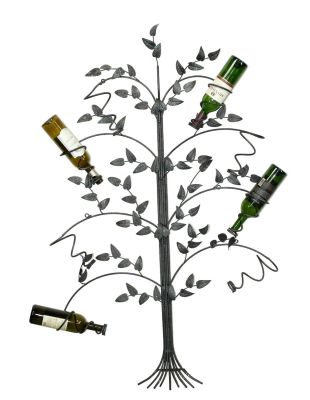 Iron wall mount bottle tree with leaf decoration. Iron wall mount wine bottle tree with leaf 