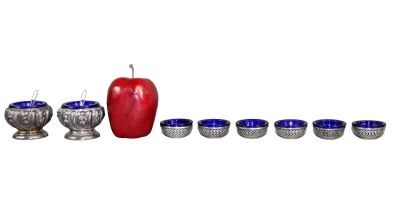Lot of 8 silver & cobalt salt cellars. Lot of 8 silver &amp; cobalt salt cellars - 6 petite, 2 