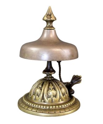 French bronze hotel bell 6" h x 3 3/4" diam Condition: Partial loss where the clapper attaches 
