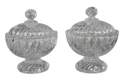 Lot of 2 Baccarat crystal footed candy jars with lids. 6 3/4" h x 5 1/2" diam