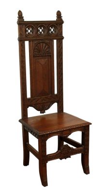 French oak Gothic revival high back chair. French oak Gothic revival high back side chair. Early 