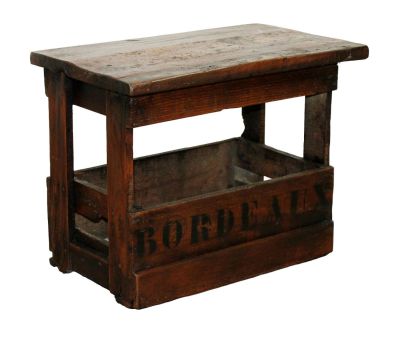 French wine crate bench seat in pine stamped Bordeaux. French wine crate bench seat in pine 