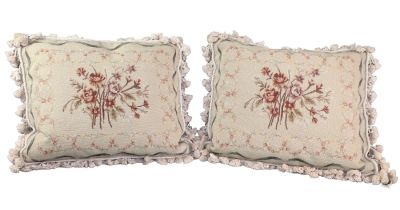 Set of 2 needlepoint pillows with flowers and fringe 18" h x 18 3/4" w x 7" d (approx)