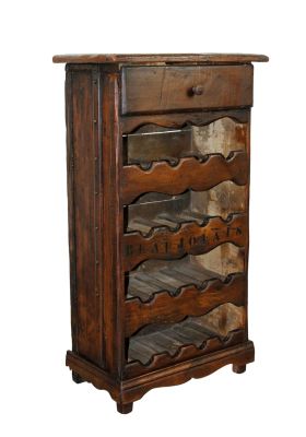 French Provincial wine rack side table in pine stamped "Beaujolais". French Provincial wine rack 