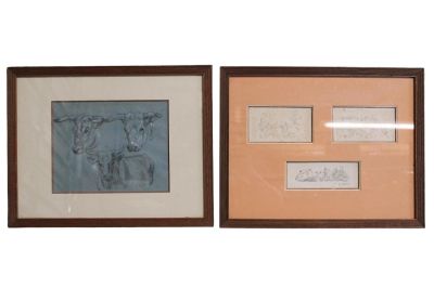 French pastoral pastel and pencil drawing and studies of cows. Early 20th century. Each overall 