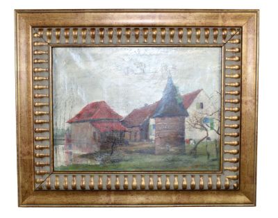 Continental oil on canvas painting farmhouse. Apparently unsigned. Mid 20th century. Overall: 