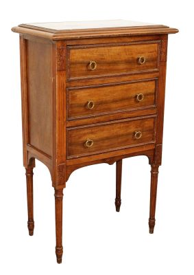 French Louis XVI style 3 drawer petite commode. In walnut on tapered legs with marble top. 
