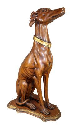 Italian carved and polychrome wood greyhound statue. Early 20th century. 30 1/2" h x 12 1/2" w 
