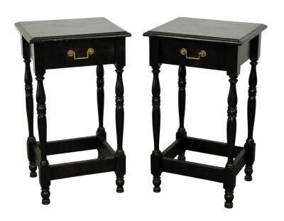 Pair of French ebony finish nightstands. Pair of French ebonized finish nightstands. Turned legs 