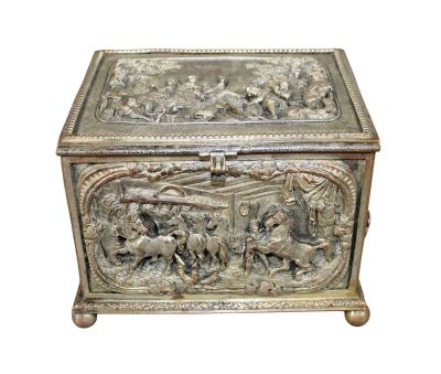 French repousse silverplate dresser box. Late 19th century. 4 1/2" h x 6 1/4" w x 5" d