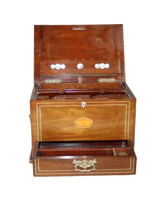 Sheraton style inlaid mahogany letter box. Early 20th century. 8"h x 12 3/8"w x 8 5/8"d 