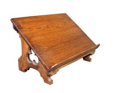 French Gothic Revival book stand in oak with carved trefoil. Early 20th century. 9 3/4" h x 15 