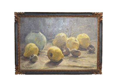 French oil on board painting still life with fruit. Mid 20th century. Signed l/l. Overall: 12 