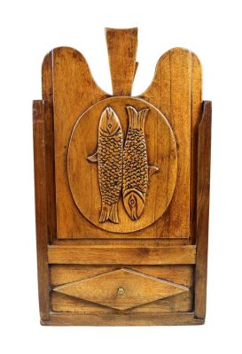 French Provincial carved walnut fariniere flour box with fish. Mid 19th century. 19" h x 11" w 