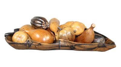 French relief carved fruit on wooden tray. French relief carved 11-piece fruit on wooden tray 