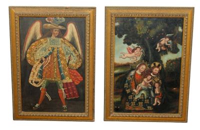 Lot of 2 Cusco school oil on canvas paintings. One painting depicting the arch angel Michael 