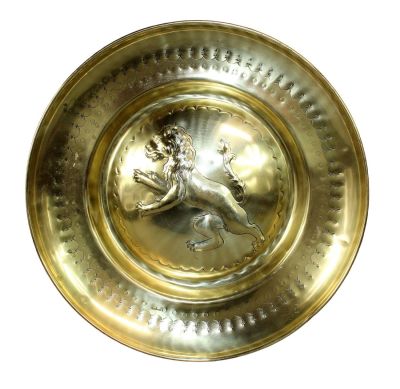 Belgian embossed brass wall medallion charger with lion 19 3/4" diam